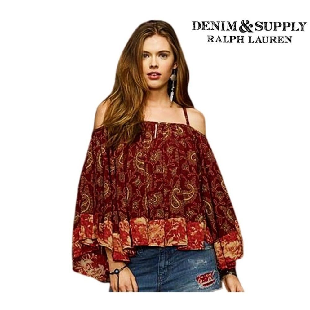 Denim & Supply Ralph Lauren Red Paisley Off-Shoulder Boho chic top - Picture 2 of 7